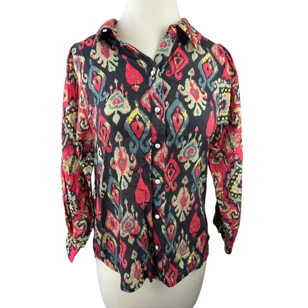Anthropologie Forever That Girl Ikat Paisley Contrast Print Top Button Blouse XS - Picture 3 of 16